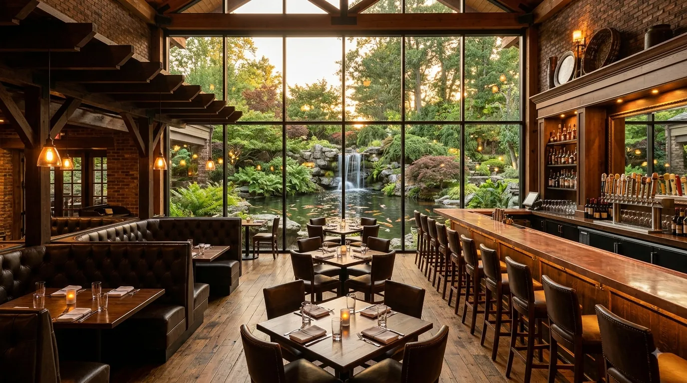 The Eagle View Steakhouse and Grill — dining room and bar, with a waterfall visible through the back windows